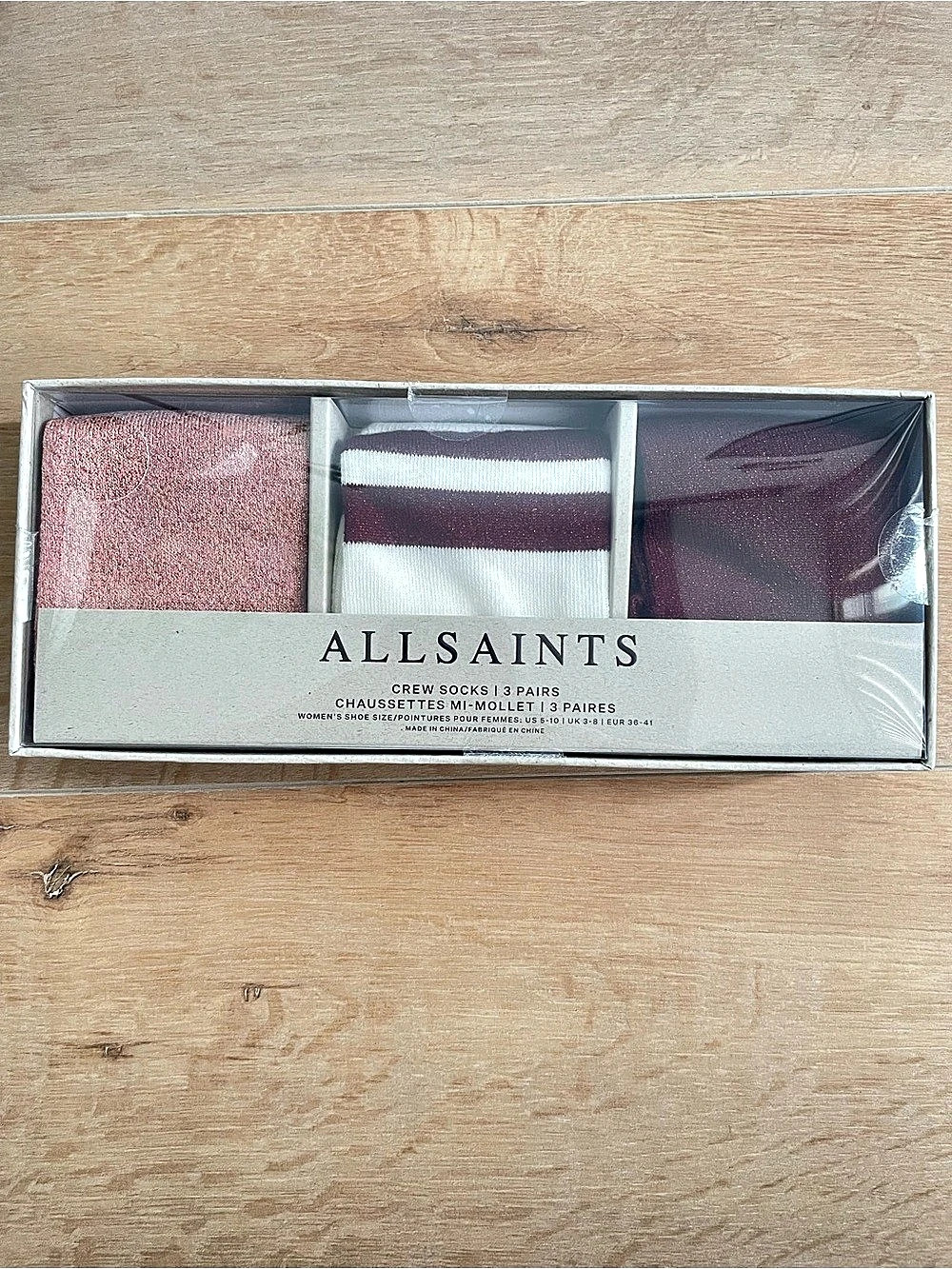 NWT 3 Pairs ALL SAINTS Women’s Metallic/ Sparkly Crew Socks - Pink, White & Plum